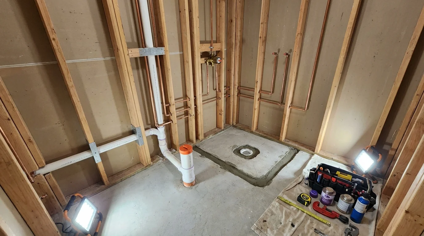 Bathroom rough-in plumbing during remodel by Johns Plumbing LLC in Oakes