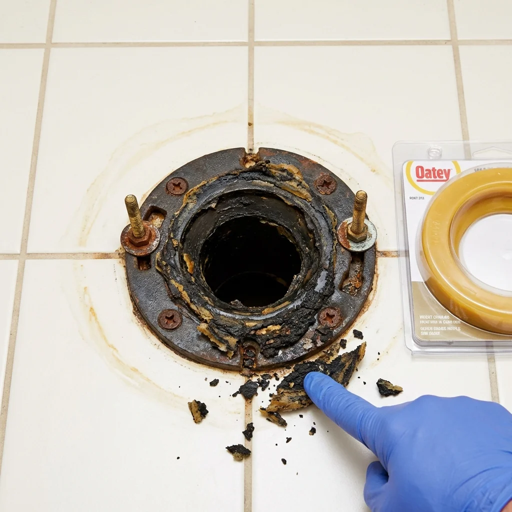 Failed wax ring showing water seepage at the base of a toilet in a Oakes, ND home