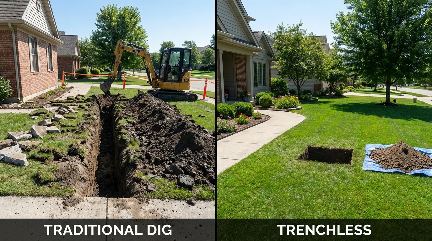 Trenchless sewer repair with minimal yard damage versus traditional excavation in Oakes, ND